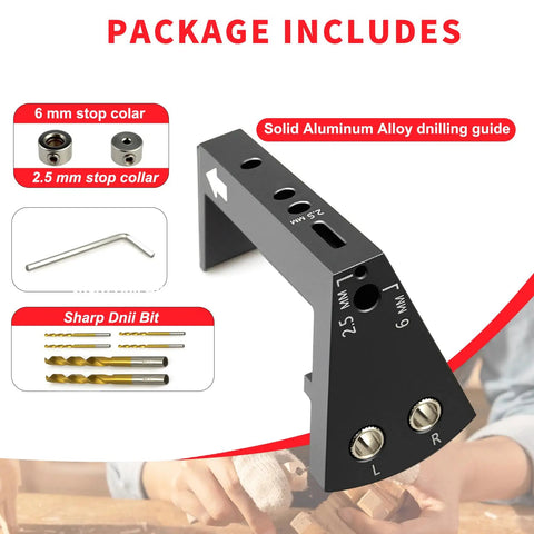 Precision Undermount Drawer Slide Drill Guide Jig With Six Piece Bit Set For Flawless Cabinet Alignment and tools included.