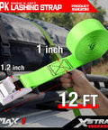 Top Shelf Heavy Duty Cam Buckle Tie Down Straps 1x12 Feet 12 Pack With Bulletproof Grip For Flatbed Trailers Trucks And Equipment Hauling Made Tough For The Daily Grind, showing bright green strap securing cargo with cam buckle.