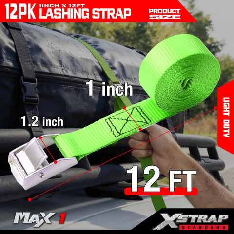 Top Shelf Heavy Duty Cam Buckle Tie Down Straps 1x12 Feet 12 Pack With Bulletproof Grip For Flatbed Trailers Trucks And Equipment Hauling Made Tough For The Daily Grind, showing bright green strap securing cargo with cam buckle.