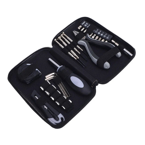 Must Have Home Repair Starter Tool Kit with ten bit set, four screwdrivers, tape measure, pliers, hex wrenches in iron box