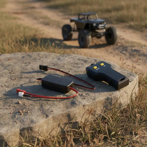 Powerful Electric Winch With Smart Rc Controller For Trail Crawlers featuring controller and receiver on a rock outdoors.
