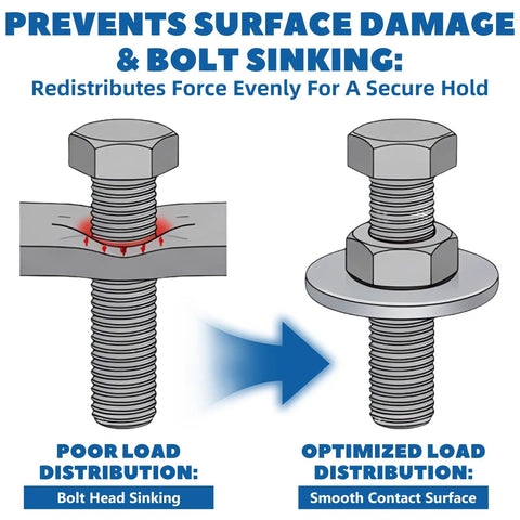 Diagram showing 400 Piece Steel Fender Flat Washers For Three Eighths Inch Hardware preventing bolt sinking and surface damage.