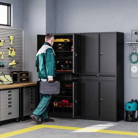 Person accessing Heavy Duty Metal Garage Storage Cabinet With Drawer And Locking Doors in a workshop setting