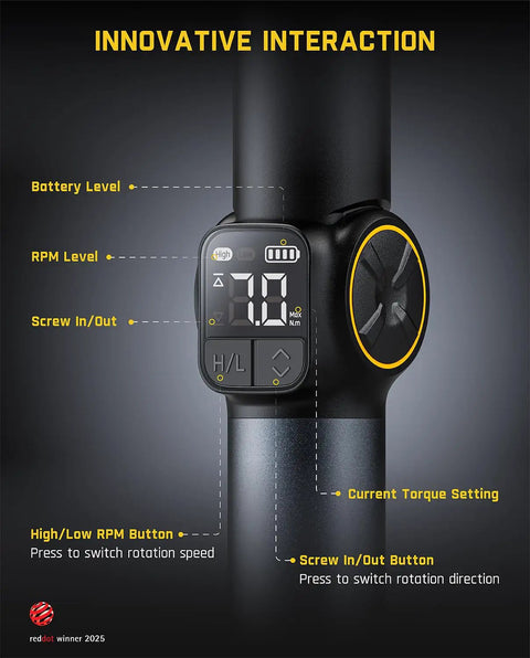 Top Shelf Electric Screwdriver With Pivoting Handle And Crisp Digital Torque Display Featuring Eight Precise Settings For Laptop Repair And Diy Tasks That Deliver Knockout Precision Every Time, showcasing LED digital display and button functions.