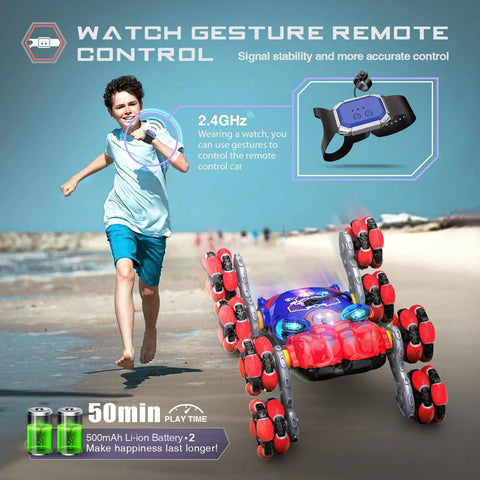 Child playing with 8WD Gesture Sensing RC Car with Spray Lights, 2.4GHz remote, showing offroad capabilities on beach, ideal gift for boys.