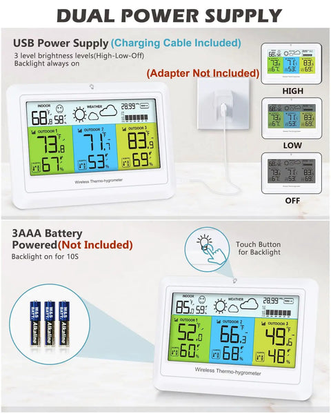 Dual power supply options for All In One Weather Station With 3 Sensors For Indoor And Outdoor Temperature Humidity Barometer Pressure Forecast With Backlight And Alerts For Home Office