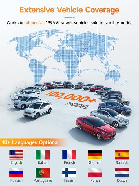 Extensive vehicle coverage for over 100,000 models and 10+ languages; for All In One OBD2 Scanner And Code Reader.