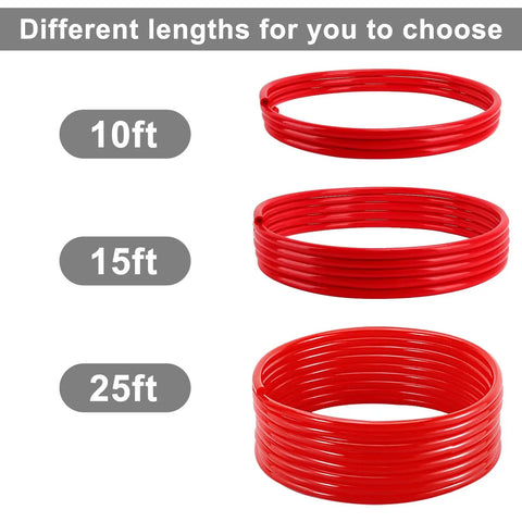 Different lengths of 25 Foot Beer CO2 Gas Line Kit for Homebrew and Kegerator, shown in 10ft, 15ft, and 25ft red tubing sizes.