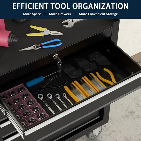 Heavy Duty 5 Drawer Metal Rolling Tool Chest With Wheels, Locking Storage Cabinet For Garage, Workshop, And Warehouse, Alloy Steel Construction Pro Grade With Powder Coated Finish, Mobile Toolbox open drawer with organized tools