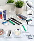 Grab And Go 10 Pack Travel Toiletry Kit Set With 6 In 1 Disposable Hygiene Essentials displayed on bathroom counter.