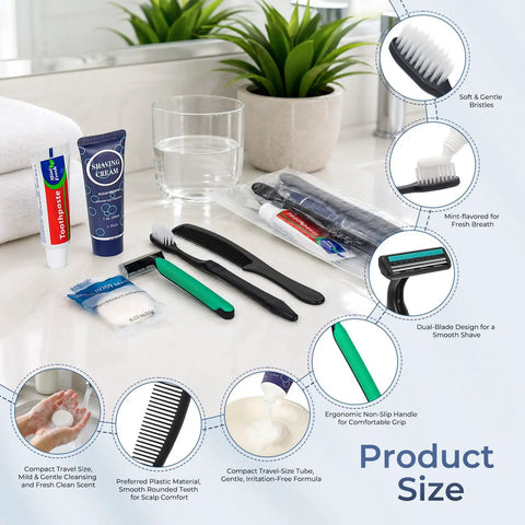 Grab And Go 10 Pack Travel Toiletry Kit Set With 6 In 1 Disposable Hygiene Essentials displayed on bathroom counter.