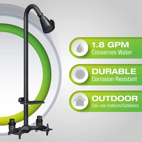 Outdoor Shower Kit With Soap Dish, Matte Black Finish, Corrosion And Rust Resistant; shows 1.8 GPM water-saving details