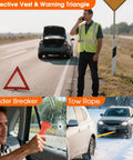 Grab And Go All In One Car Emergency Kit With Air Compressor And Heavy Duty Jumper Cables includes reflective vest and tools in use