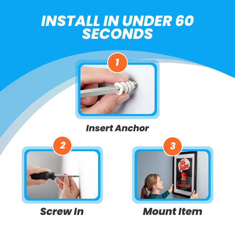 Installation steps for Self Drilling Drywall Anchors And Screws Kit, 30 Piece Set, Size Eight Screws, No Pre Drill Needed, Heavy Duty