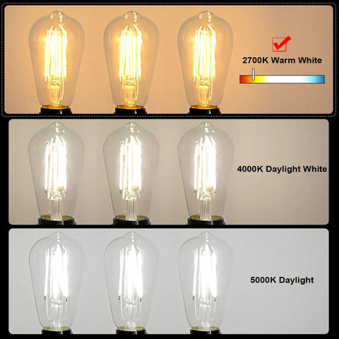 Comparison of light temperatures with Vintage LED Edison Filament Bulbs 6W 60W Equivalent Non Dimmable Warm White 2700K