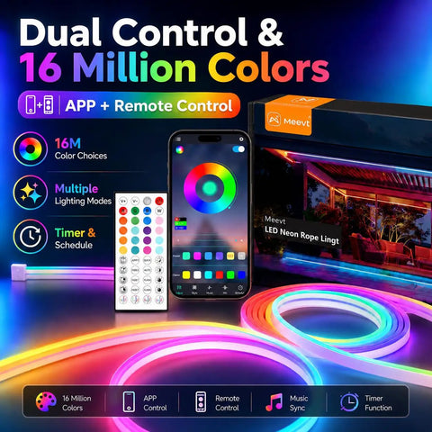 RGB Neon Rope Lights Sixteen Point Four Feet With 360 LEDs 24V Side Emitting LED Strip Lights App and Remote Control