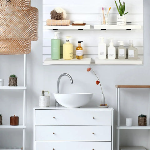 Stylish bathroom with 4 Pack Wooden Slatwall Shelves With 8 Metal Hooks Built To Last And Garage Ready For Quick Setup
