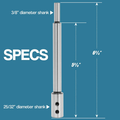 Beefy Heavy Duty Steel 6 Inch Forstner Bit Extension With 3/8 Inch Shank, Adds 5-5/8 Inch Drilling Depth, product specs illustrated