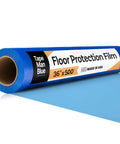 Blue Floor Protection Film 36 Inch by 500 Foot Roll Self Adhesive Pro Grade Heavy Duty Shield laying on white background