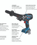 PROFACTOR 18V Connected Ready Half Inch Hammer Drill and Driver Bare Tool with labels showing features and specs