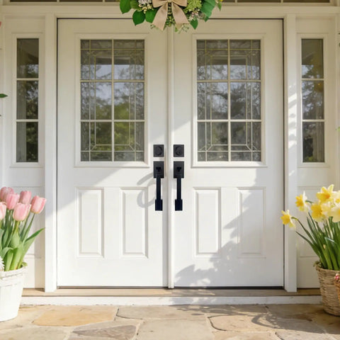 Image of Dope Double Front Door Handleset With Keyed Entry And Dummy Lever Reversible For Left Or Right Hand Square Deadbolt Iron Black Finish