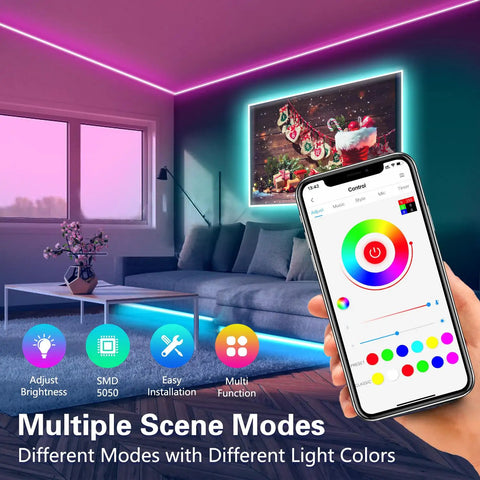 Living room with 100Ft Smart WiFi LED Strip Lights With Voice Control, app on phone, RGB color changing mood, compatible with Alexa/Google.