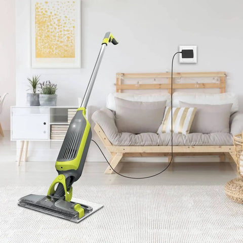 Beast Replacement Charger For VACMOP Pro Cordless Hard Floor Vacuum Mop With 6 Ft Cable in living room, plugged in wall