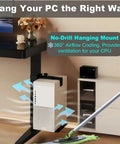 Under Desk PC Mount Heavy Duty Steel Computer Tower Holder Tool Free U Shaped Clamp mounted securely, promoting airflow and space saving.