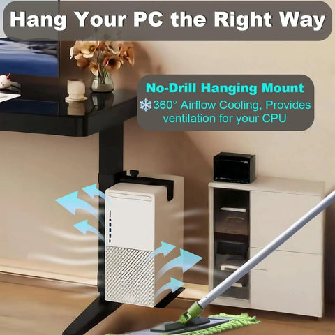 Under Desk PC Mount Heavy Duty Steel Computer Tower Holder Tool Free U Shaped Clamp mounted securely, promoting airflow and space saving.