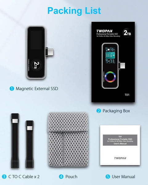 Magnetic Portable iPhone SSD For ProRes 4K 60fps Video 2TB External Storage packing list includes SSD, cables, pouch, manual.