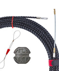 Heavy Duty Polyester Fish Tape 50/75/100 Ft 6mm Wire Puller For Conduit With Changeable Leader Tip shown coiled and uncoiled