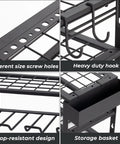 Space Saving 3 Tier Power Tool Organizer Wall Mount For Garage, showing screw holes, hooks, rack, and storage basket details.