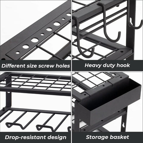 Space Saving 3 Tier Power Tool Organizer Wall Mount For Garage, showing screw holes, hooks, rack, and storage basket details.