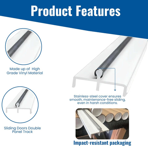 Durable Vinyl Sliding Door Track for Double Panel 72 Inch Replacement Bottom Track easy install shown close-up and packaged