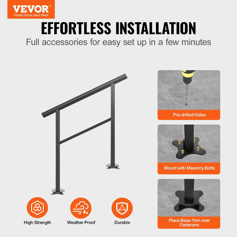 Heavy Duty Aluminum Outdoor Stair Handrail Rock Solid Deck Railing Adjustable Angles Supports Two To Three Steps Includes Knockout Mounting Kit Porch Safety Bar with installation details and accessories.