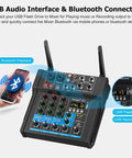 Beast 150W X2 Powered Audio Mixer With 4 Channel Soundboard and Bluetooth connection interface with dual wireless mics.