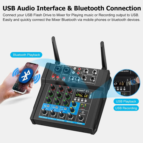 Beast 150W X2 Powered Audio Mixer With 4 Channel Soundboard and Bluetooth connection interface with dual wireless mics.