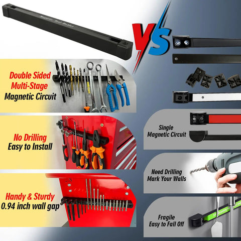 Comparison of double sided magnetic tool holder vs single magnetic circuit for garage workshop jobsite shed kitchen two pack.