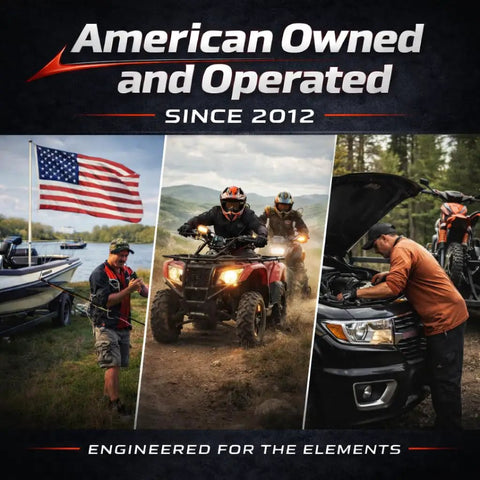 Collage of outdoor activities with an American flag, ATV riding, and car maintenance, showcasing American ownership and operations.