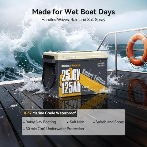 Built Tough 24V 125Ah Bluetooth Enabled Lithium Battery Featuring Auto Self Heating For Marine Boats And RV Systems on wet deck with waves.