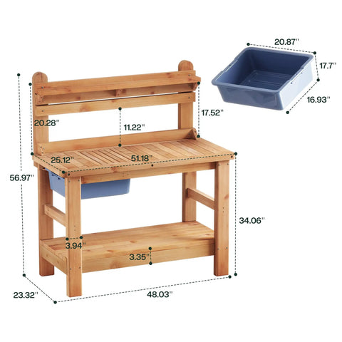 Solid Fir Wood Outdoor Potting Bench With Large Tabletop Heavy Duty Garden Workstation Removable Plastic Bin Multi Level Storage Shelf