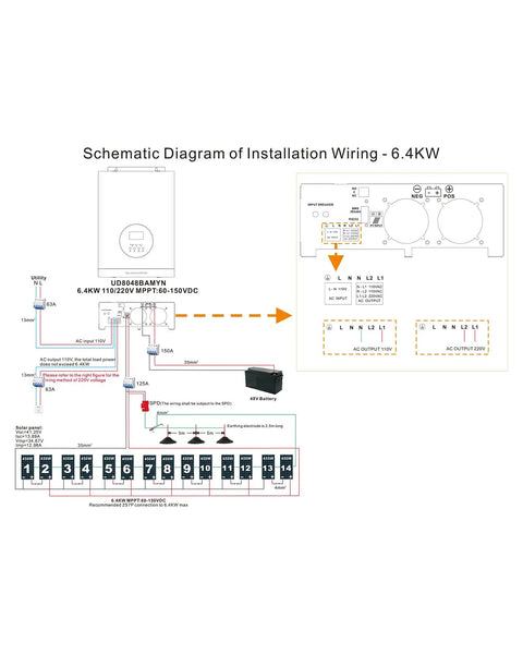 Schematic diagram of installation wiring for Heavy Lifting 6400W 48V Hybrid Solar Inverter With Built In 120A MPPT Charge Controller.