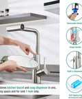 Hand using CREA Waterfall Kitchen Faucets with Soap Dispenser, single handle for 1 hole sink in brushed nickel finish.