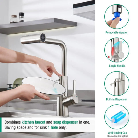Hand using CREA Waterfall Kitchen Faucets with Soap Dispenser, single handle for 1 hole sink in brushed nickel finish.