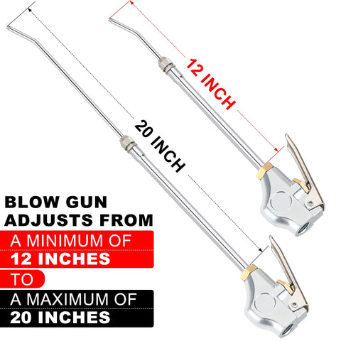 High Flow Industrial Air Blow Gun With Extensible 24 Inch Nozzle for heavy duty dust and debris removal, adjustable 12-20 inch nozzle.