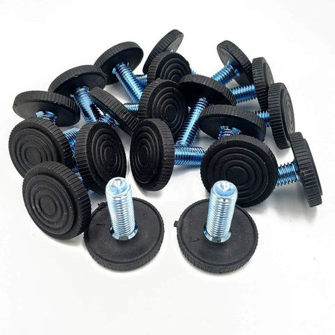 20 Pack Adjustable Furniture Leveling Feet With M8 Threaded Screws Black Rubber Base, showing rubber grips and metal screws.