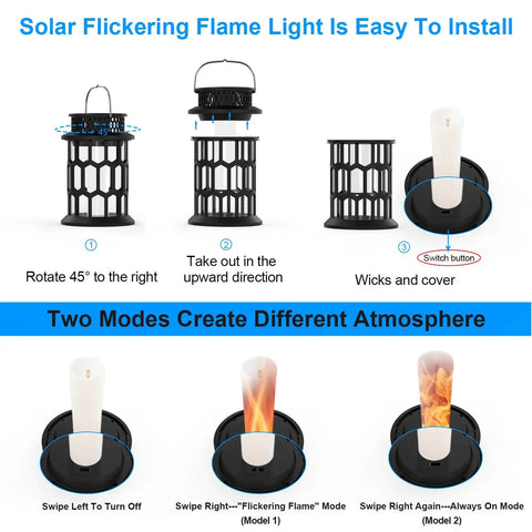 Outdoor Solar Lanterns With Realistic Flickering Flame No Wires Needed Waterproof Hanging LED Lights showing setup and modes