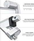 Close-up of 12V Heavy Duty Linear Actuator 330 LBS 1500N Silent Waterproof IP54 with upgraded design features and mounting brackets.