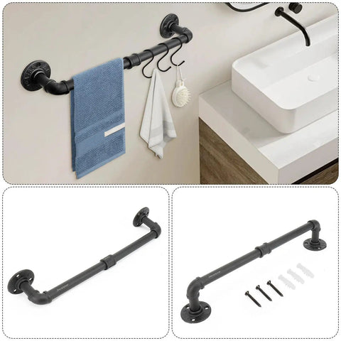 Five Piece Industrial Pipe Bathroom Accessories Hardware Kit For Wall Mounting Includes 18 Inch Towel Bar Black Rustic Finish