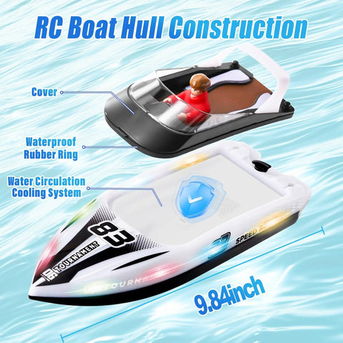 RC Boat With LED Lights, Self Righting, Waterproof Remote Controlled Watercraft With Hull Construction Details and Measurements